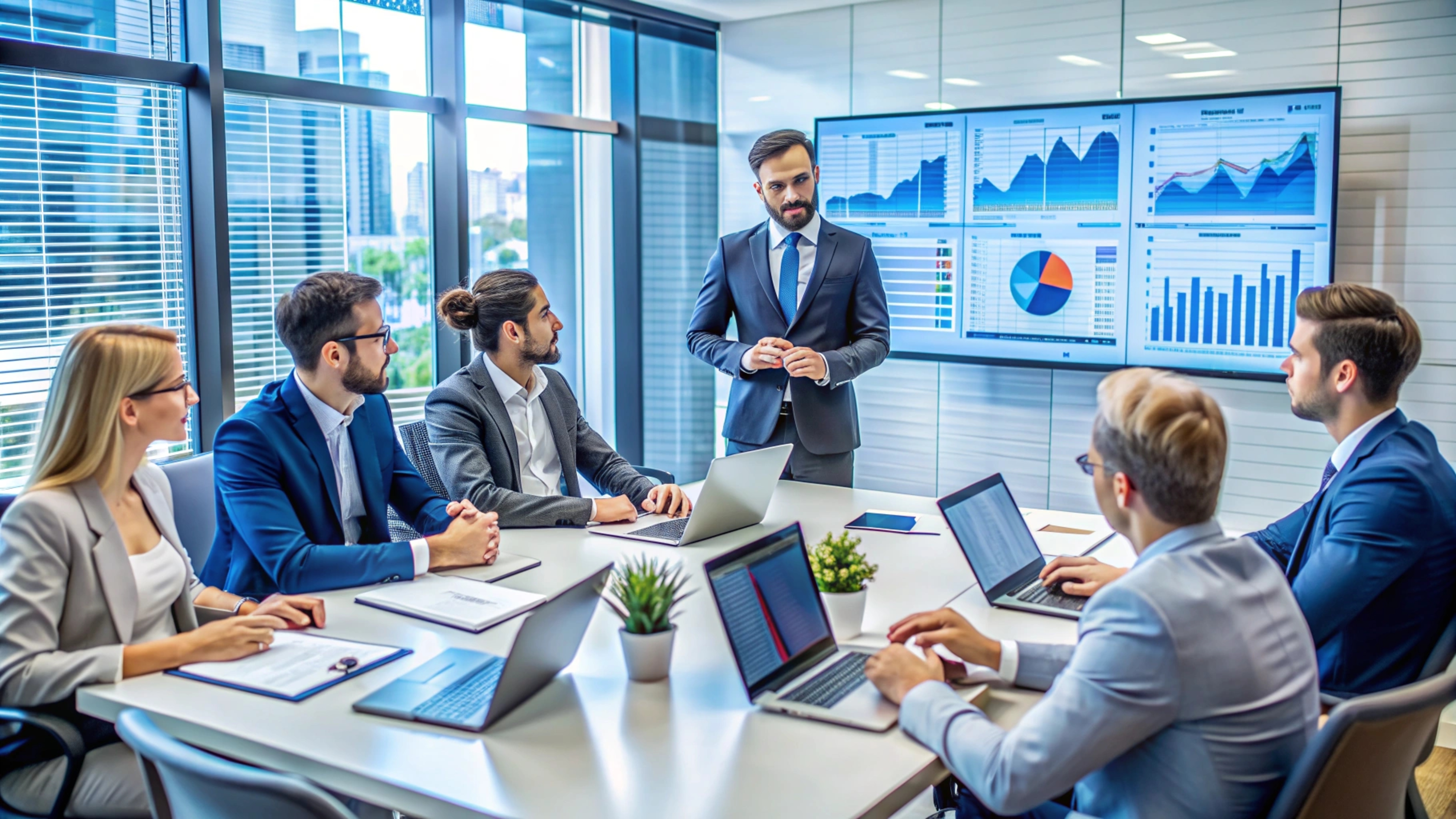 Business people in meeting, looking at presentation.